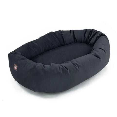 The Majestic Pet Poly/Cotton Bagel Dog Bed, large and oval-shaped in black, features raised cushioned sides and a soft flat base, shown on a white background.