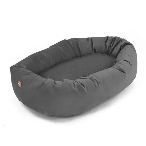 The Majestic Pet Poly/Cotton Bagel Dog Bed is a large, oval, gray bed with raised sides and a soft, padded interior, shown on a plain white background.