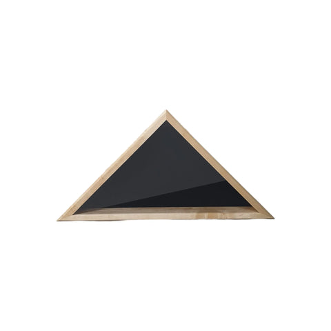 A Maple 4x6 Flag Display Case by Legacies of America Woodworking Company, featuring a triangular shape and wooden frame, is displayed horizontally on a white background, resembling a Veteran Built burial flag case.