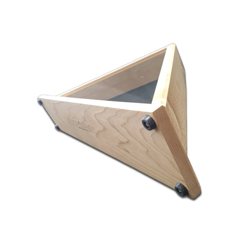 The Legacies of America Woodworking Company Maple 4x6 Flag Display Case features a light wood finish, triangular shape, glass top, and black rubber feet—ideal for displaying an American flag. Shown on a white background.