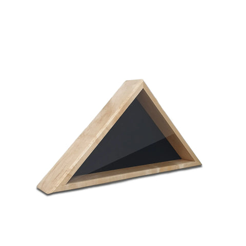 The Maple 4x6 Flag Display Case by Legacies of America Woodworking Company features a triangular design with a glass front, light natural maple wood finish, and black background for displaying a folded American flag.