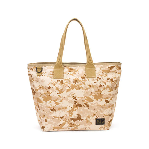 The MIS Tote Bag - MarPat Desert features tan and brown digital camouflage Cordura nylon, dual handles, a heavy-duty zipper, and a small rectangular “MIS” patch on the lower right corner.