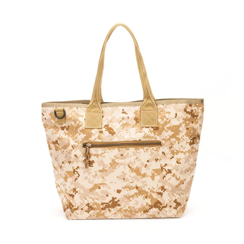 The MIS Tote Bag - MarPat Desert features tan and brown digital camouflage Cordura nylon, two tan handles, a front pocket with heavy-duty zipper, and a side metal ring, shown on a white background.
