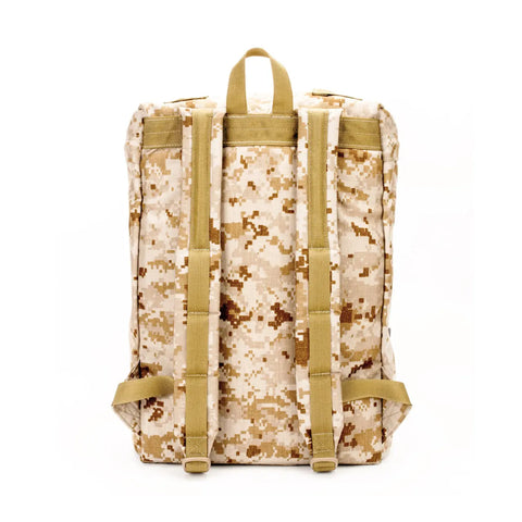 The MIS Backpack - MarPat Desert is shown from the back in tan and brown digital camouflage, featuring padded shoulder straps, a padded laptop holder, and tan adjustable buckles against a plain white background.