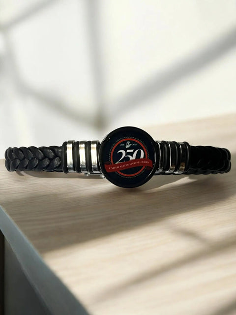 Marine Corps 250th Anniversary Braided Leather Bracelet – Handmade Adjustable Black Band | Made in USA Michelle Marie Boutique  Bracelets