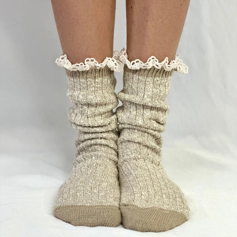 Marled Cotton Lace Trim Short Boot Socks – Soft Tan | Made in USA Catherine Cole  socks