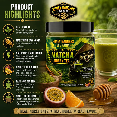 Matcha Green Honey Tea Blend – Natural Infused Drink Mix | Made in USA Brooksville, Florida Honey Badgers Bee Farm  All natural Tea