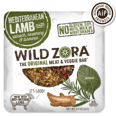 Wild Zora Bars - Mediterranean Lamb With Spinach, Rosemary & Turmeric 10-Pack: made with grass-fed lamb, AIP compliant, allergen-free, and 100% natural. Packaging features veggie illustrations.