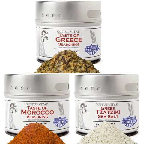 Gustus Vitae’s Taste of the Mediterranean - 3 Tins set features gourmet blends displayed side by side, each tin with a colorful pile of Mediterranean seasoning in front.