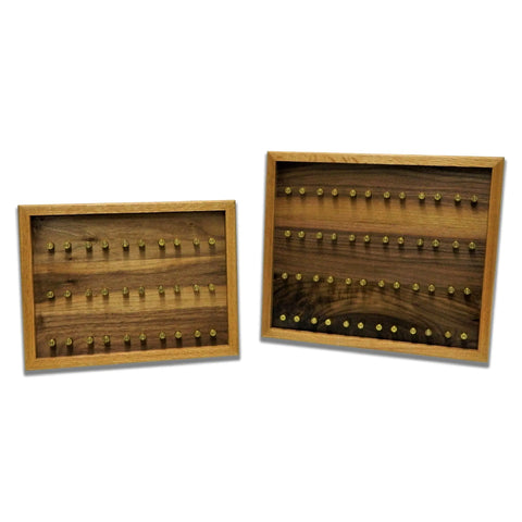 Two Legacies of America Woodworking Company The ORIGINAL Brass Casing Challenge Coin Display - Medium cases, each with glass fronts and rows of brass hooks for organizing coins, are arranged horizontally against a white background.