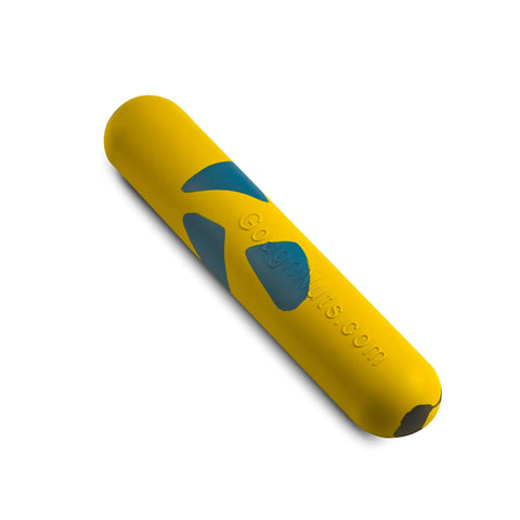 A yellow cylindrical Goughnuts Medium Water Stick (for dogs 30-70 pounds) with blue curved patches and black tips, Googhphyts.com embossed on the side, ideal for dog toys or water play, shown on a white background.