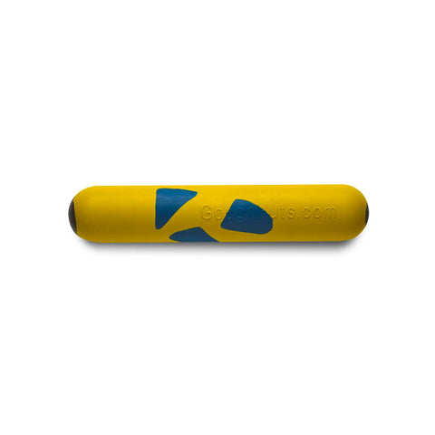 The Goughnuts Medium Water Stick for dogs 30-70 pounds features a yellow design with blue abstract shapes and dark tips, ideal as a dog toy or for water play, shown on a white background.