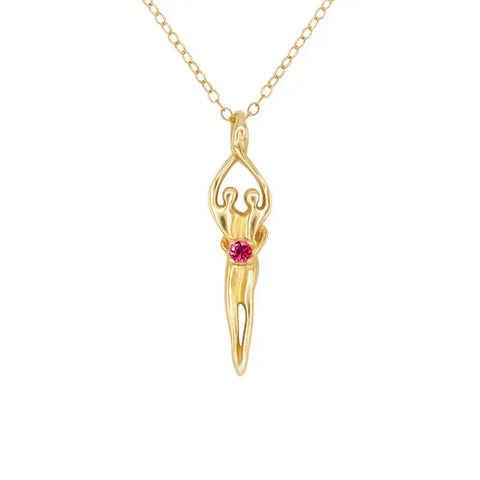 Symbol of Love Jewelry’s Medium Soulmate Necklace features a 1⅛ x ⅜ abstract human figure charm in .925 sterling silver with 14kt gold overlay, set with a ruby cubic zirconia on an 18 chain.