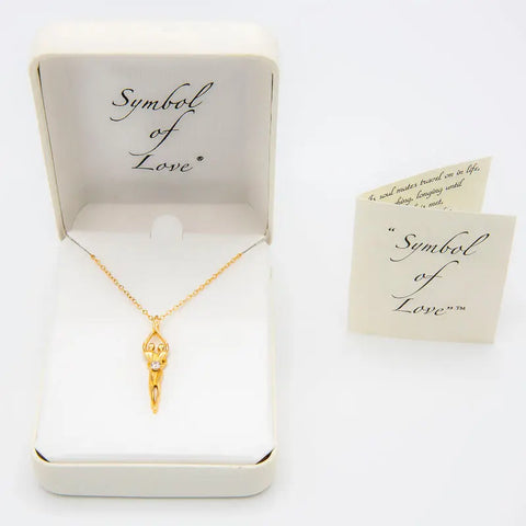 The Medium Soulmate Necklace by Symbol of Love Jewelry features .925 sterling silver with 14kt gold overlay and a ruby cubic zirconia charm. It arrives in a white box inscribed inside the lid, with a matching card, all set on a white background.