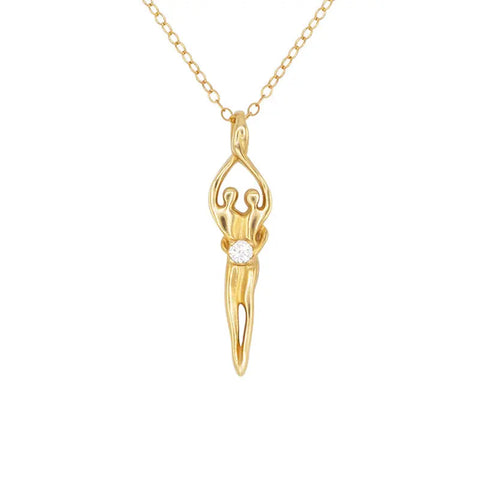 The Medium Soulmate Necklace by Symbol of Love Jewelry features a gold overlay over .925 sterling silver, an 18 chain, a stylized female charm (1⅛ x ⅜) with raised arms, and a sparkling ruby cubic zirconia at the center.