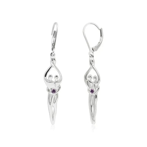 Medium Soulmate Sterling Silver Earrings – 1 ¾ Inch Lever Back With Amethyst CZ | Made in USA Symbol of Love Jewelry