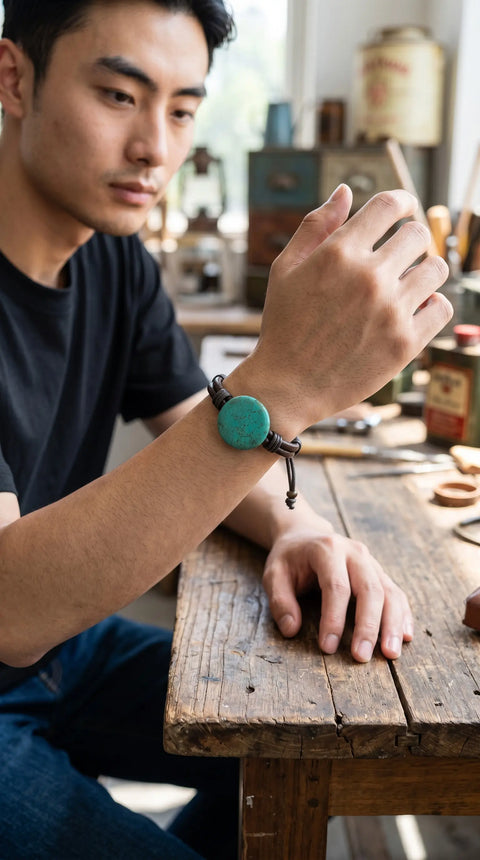 Men's Adjustable Genuine Leather Bracelet With Gemstone Accent – Rustic Brown Band | Made in USA Michelle Marie Boutique  Bracelet