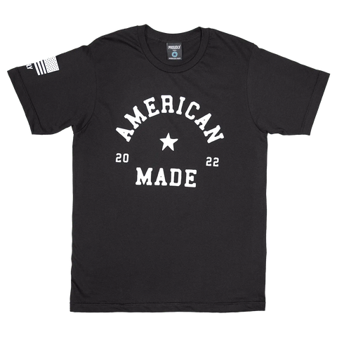 The Proudly USA American Made - Mens Cotton T-Shirt (Black) is crafted from premium USA cotton, with AMERICAN MADE 2022 and a star on the front and a bold white American flag graphic on the left sleeve.