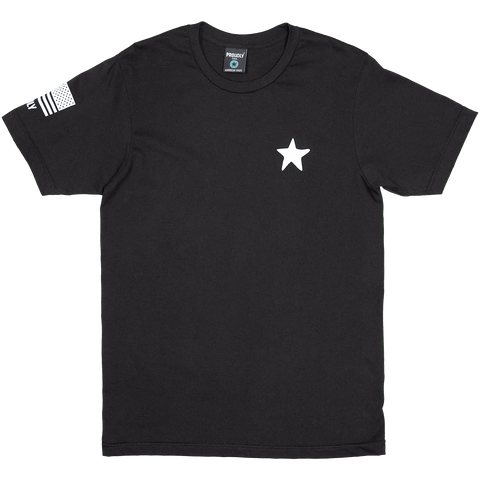 The Proudly Star Mens Cotton T-Shirt by Proudly USA is made in the USA, featuring a white star on the left chest and a white American flag on the right sleeve.
