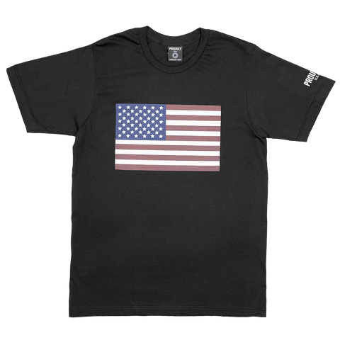 The Proudly USA American Flag - Mens Cotton T-Shirt (Black) features a bold, centered flag graphic on the front and a small white logo on the left sleeve.