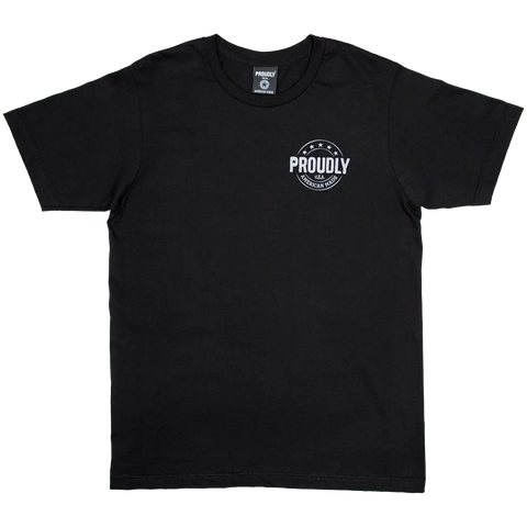 The Tattered Flag Mens Cotton T-Shirt (Black) by Proudly USA features a small white circular PROUDLY logo and text on the left chest, displayed flat on a white background.