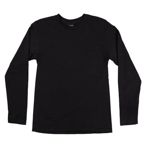 The Proudly USA Mens Long Sleeve Black Cotton T-Shirt, featuring a crew neck and relaxed fit, is displayed flat against a white background.