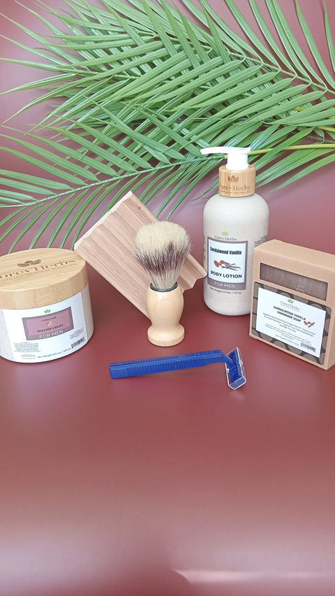 The Forev'Herbs Men's Grooming Gift Set features cedarwood shaving cream, a blue razor, body lotion, natural handmade soap, facial soap in a container, and a wooden comb—an ideal personal care collection for men.