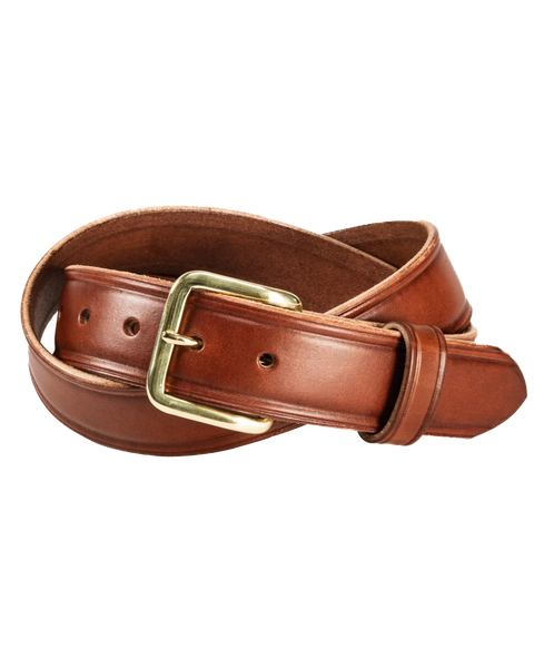The Homestead Brand Mens Americana Belt No. 1507, made in the USA from brown full grain leather with a gold-colored buckle, is shown rolled up on a white background.