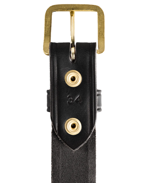 A close-up of the Homestead Brand Mens Americana Belt No. 1507, made in the USA, shows black full grain leather with a gold buckle, two gold eyelets, and the number 34 stamped below the eyelets.