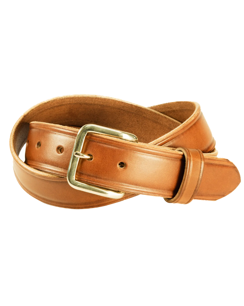 The Homestead Brand Mens Americana Belt No. 1507, a coiled light brown full grain leather belt with a gold rectangular buckle, is displayed on a white background.