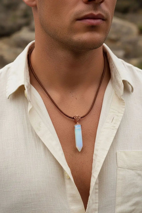 Men's Handmade Wire Wrapped Gemstone Crystal Pendant Necklace – Rustic Leather Cord | Made in USA Alexa Martha Designs  Leather Necklace