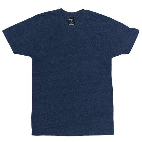 The Mens Heather Denim Crewneck TriBlend T-Shirt by Proudly USA is a plain, short-sleeved navy blue tee laid flat on a white background, featuring a crew neckline and a visible brand label inside the collar.