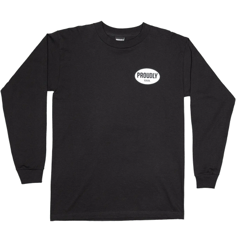 The Proudly USA Oval Logo Mens Long Sleeve Heavyweight Cotton T-Shirt in black is made in the USA. It features a small white vintage PROUDLY USA logo on the left chest and is displayed laid flat on a white background.