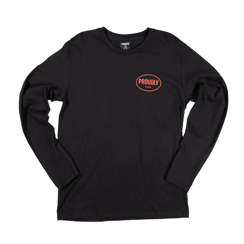 The Proudly USA Oval Logo Mens Long Sleeve Cotton T-Shirt in black features a small red oval logo with “PROUDLY USA” on the left chest, displayed flat on a white background.