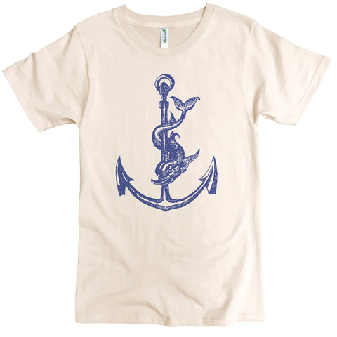 The Spiritex Anchor Graphic Tee is a beige organic cotton crewneck featuring a large vintage-style navy blue anchor with a dolphin design—ideal for sensitive skin.