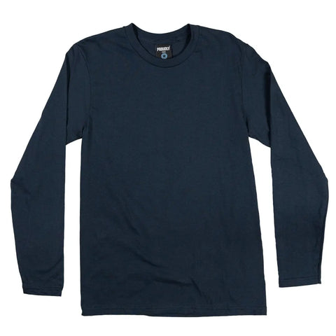 The Proudly USA Mens Long Sleeve Navy Cotton T-Shirt, made from soft combed ring-spun cotton, is displayed flat on a white background.