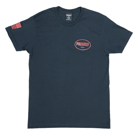 The Oval Logo - Mens Cotton T-Shirt (Navy) by Proudly USA features a small red and white PROUDLY USA design on the left chest and an American flag graphic on the right sleeve—a great patriotic tee.