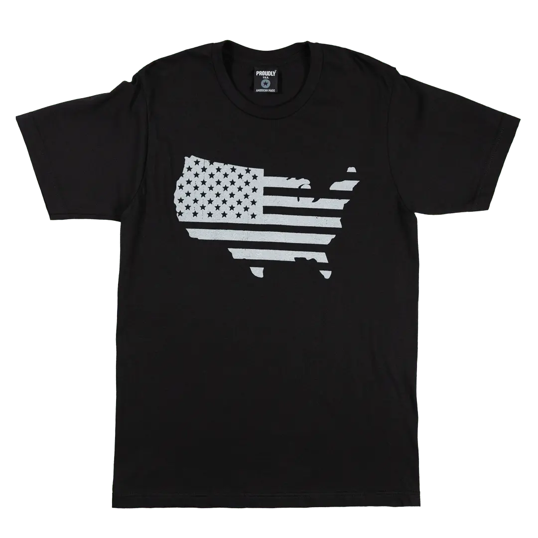 The Land That I Love Mens Cotton T-Shirt by Proudly USA features a black design with the U.S. outline filled by a grayscale American flag across the chest.