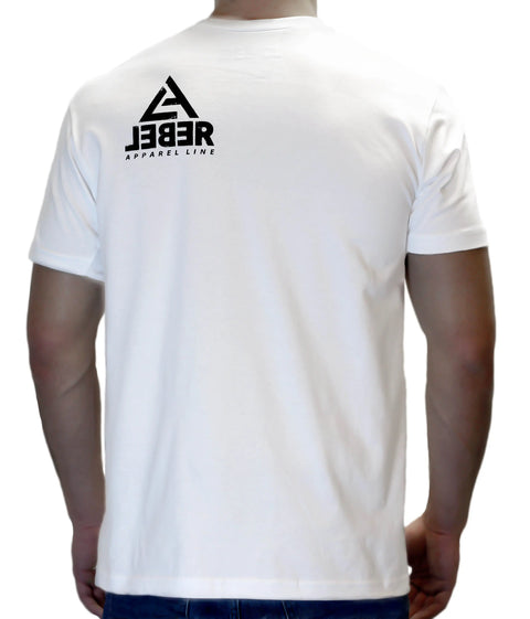 A person wearing The Campaigner T-shirt by Leber Apparel Line is seen from the back. The plain white tee features a black geometric logo and “Leber Apparel Line” on the upper left, showcasing bold American-made style.