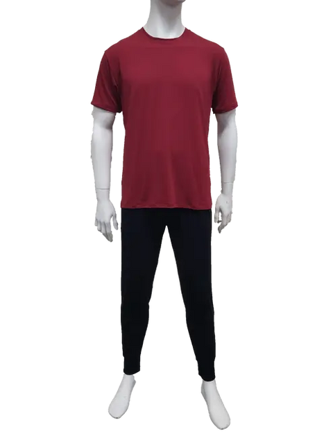 A mannequin wearing Goodnighties Mens Jogger Pants and a plain red short-sleeve t-shirt stands upright against a white background.