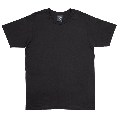 The Proudly USA Mens Black Crewneck Cotton T-Shirt is laid flat on a white background, showcasing its classic fit, short sleeves, and simple design with no visible patterns.