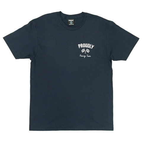 The Proudly USA Racing Team Mens Cotton T-Shirt in navy features PROUDLY and Racing Team in white with two checkered flags on the left chest—ideal for any racing team shirt fan.
