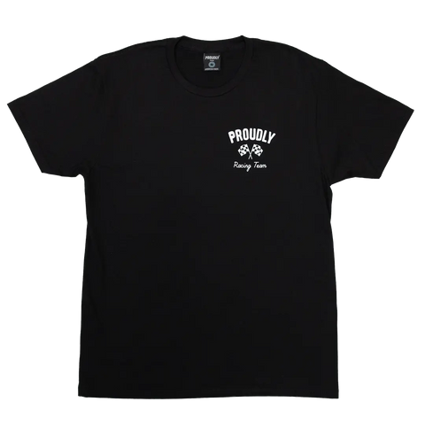 The Racing Team - Mens Cotton T-Shirt (Black) by Proudly USA features a small white PROUDLY Racing Team graphic with crossed checkered flags on the left chest—perfect for motorsport enthusiasts.