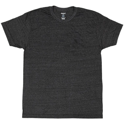 The Proudly USA Patriotic USA Mens TriBlend T-Shirt in Heather Charcoal is shown laid flat on a white background, featuring short sleeves and a visible Made in USA label inside the collar.
