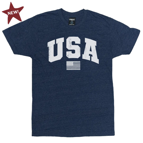 Show your pride in the Team USA - Mens TriBlend T-Shirt (Heather Denim) by Proudly USA, featuring bold white USA lettering, a small American flag, and a red NEW! star—perfect for fans of classic American style.