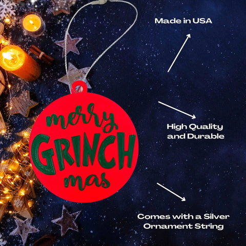 The Merry Grinchmas Christmas Ornament by Chatelet Manufacturing is a high-quality, durable 3D printed holiday ornament made in the USA, featuring a silver string for hanging on your tree.