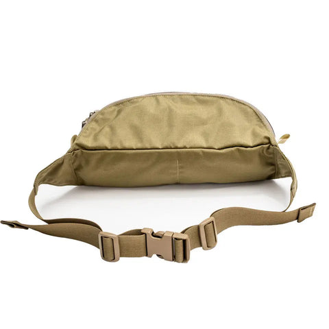 The MIS Mesh Waist Bag - Coyote Tan is crafted from durable Cordura Nylon with a zippered main compartment, adjustable strap, and plastic buckle. Shown on a white background with the strap in the foreground.