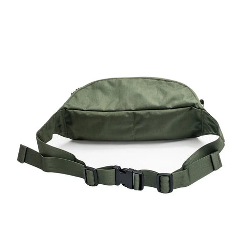 The MIS Mesh Waist Bag in Camo Green is a USA-made, water-resistant Cordura nylon pack featuring an adjustable strap, plastic buckle, and minimalist design. Displayed on a white background.