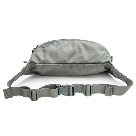 The MIS Mesh Waist Bag - Foliage is a gray waist bag made with water-resistant Dupont Cordura Nylon, featuring a minimalist design, adjustable strap with plastic buckle, and zippered compartment. Shown on a white background.