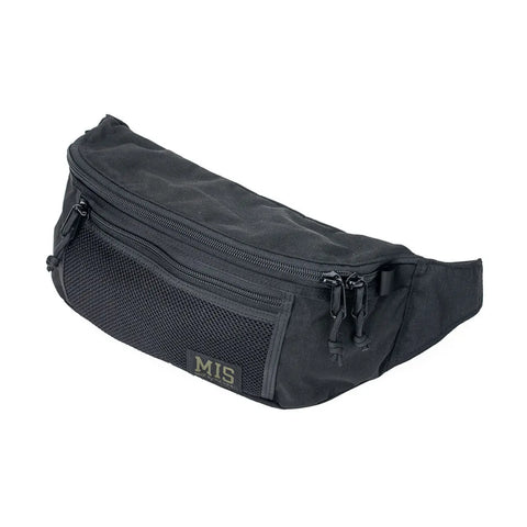 The MIS Mesh Waist Bag - Black is made in the USA from Cordura Nylon, featuring a zippered main compartment, military mesh front zip pocket, dual zipper pulls, and a small MIS label on the front.